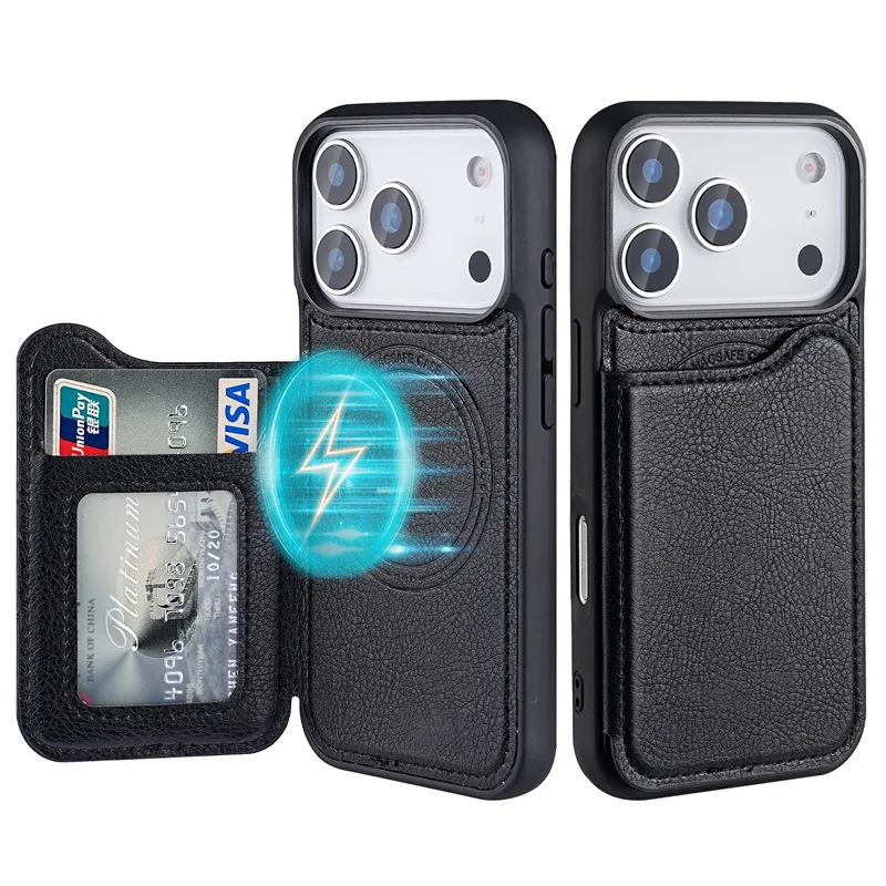 Leather Wallet Card Holder Phone Cover - เคสโทรศัพท์หนังแม่เหล็ก Magsafe พร้อมช่องใส่บัตร สำหรับ iPhone 17