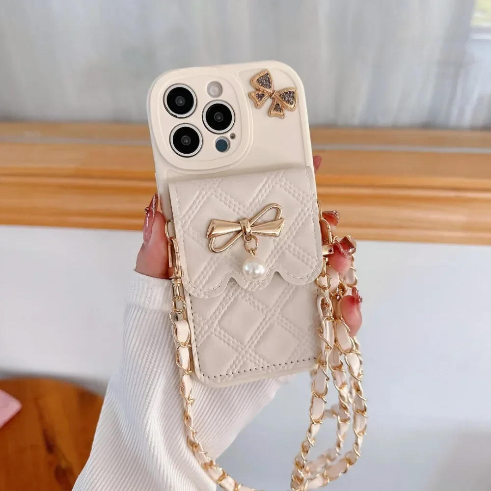Leather Wallet Card Holder Phone Cover - เคสโทรศัพท์แบบกระเป๋าสตางค์พร้อมที่ใส่บัตรและโบว์ 3 มิติ สำหรับ iPhone 17