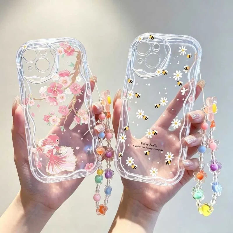 Cute Cartoon Wrist Strap Silicone Case - เคสสายคล้องข้อมือลายผึ้งยิ้มสุดน่ารัก สำหรับ Motorola EDGE 50 FUSION
